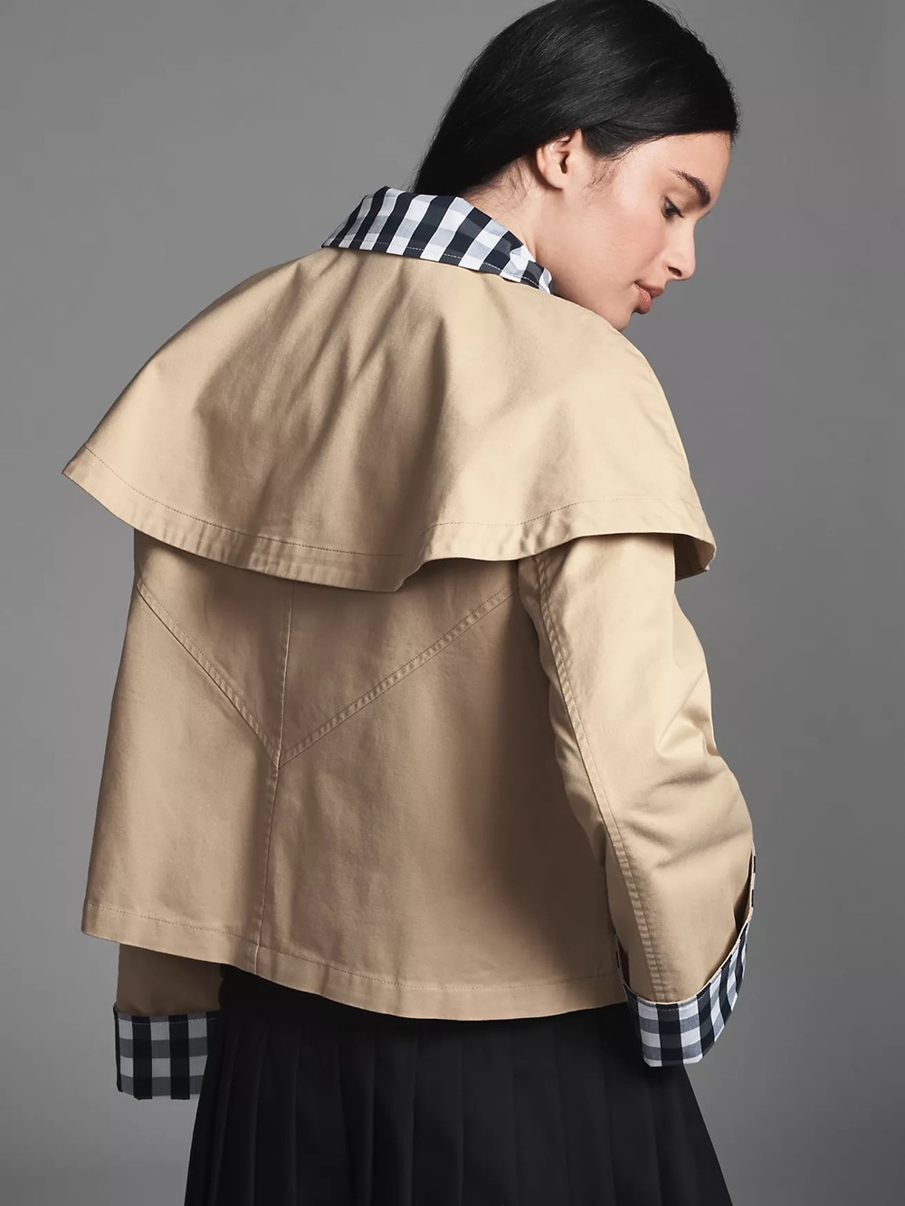 Avec Les Filles Gingham Trim Cape Trench Jacket Khaki Tan XS NWT - Picture 2 of 12
